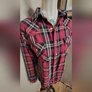 Ely Cattleman Vintage Mens Medium Heavy Flannel Pearl Snap Shirt Red Plaid NICE!